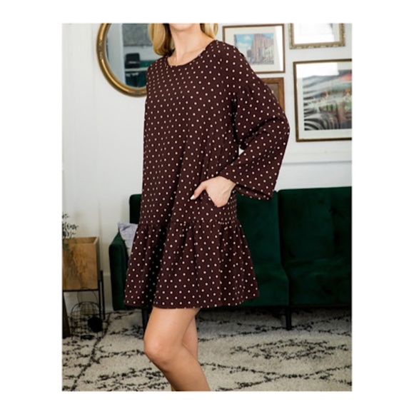 NWOT Women's Brown White Polkadots Long Flare Sleeves Mini dress with Pockets - Picture 5 of 8